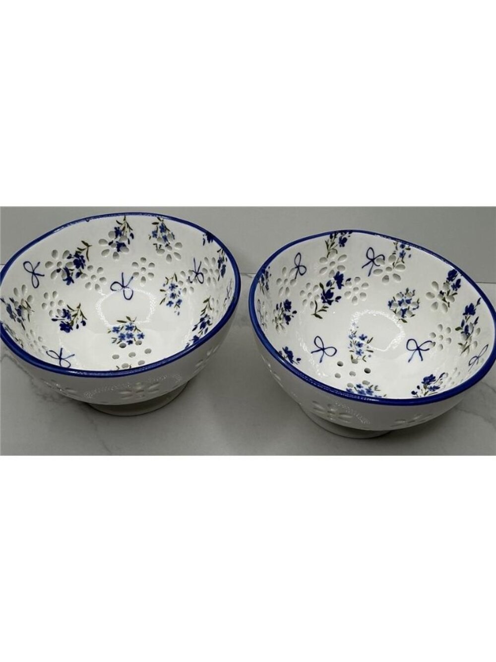 2 Prima Design Bowl Blue Floral Berry 6”x3.5” With Drainage Holes Ceramic New